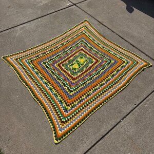 VTG Handmade Crochet Granny Square Afghan Blanket Throw Orange Yellow 64x52"